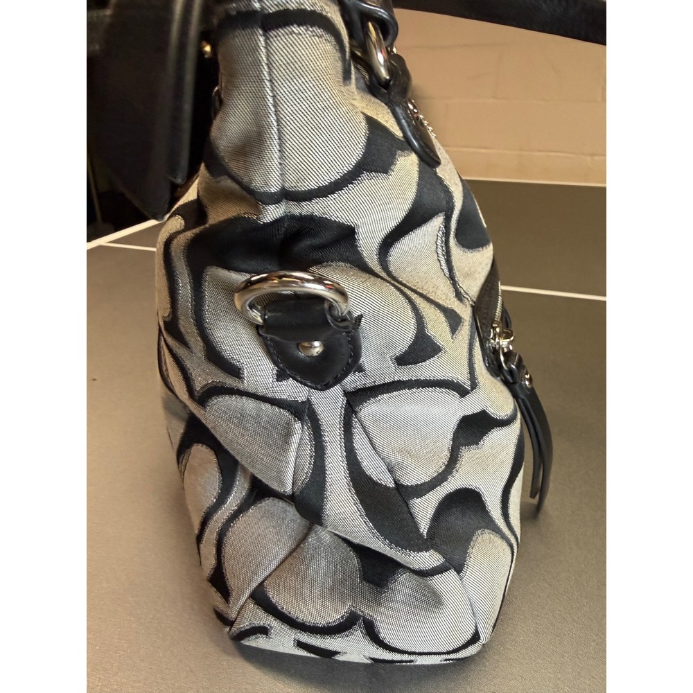 Coach Signature Jacquard Tote Bag Black Grey Monogram Leather Trim Zip Top - Picture 8 of 16